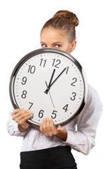 Beautiful young businesswoman holding up a wall clock
