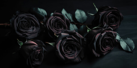 Above of black roses lying on a black background surface. Copy space for text. Creative gothic luxury banner template. Bouquet of black roses. Generative AI professional photo imitation.