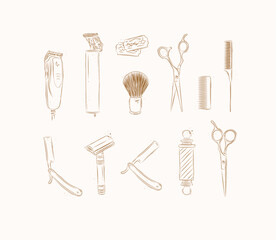 Barbershop collection with clipper, trimmer, blade, shaving brush, scissors, comb, straight razor, barber pole drawing on brown background