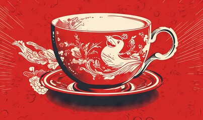  a red and white cup and saucer on a saucer on a red background with a pattern of birds and flowers on the side.  generative ai