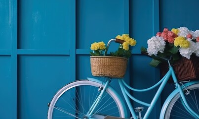 Fototapeta na wymiar a blue bicycle with a basket of flowers on the front of it, against a blue wall with vertical panels of wood and a basket of flowers on the front. generative ai