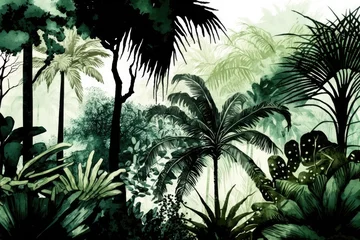 Fotobehang The tropical forests edge. Greenery wallpaper pattern that is repeated. A rainforest landscape with palm palms. Background painted by hand. Generative AI © 2rogan