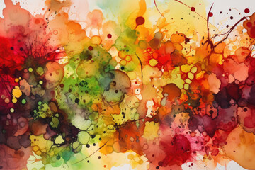 Obraz na płótnie Canvas Bold watercolor splatters in shades of red and orange with hints of yellow and green, generative ai