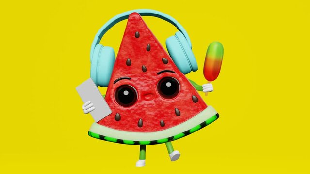 Cool dancing watermelon earphones listening to music smartphone ice cream 3D character animation loop creative motion graphics Summer fun 4K. Fresh juicy fruit rhythmic dance moving Party screen saver