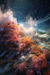 Fototapeta na wymiar A digital painting of a wave crashing over a coral reef. Generative AI image.