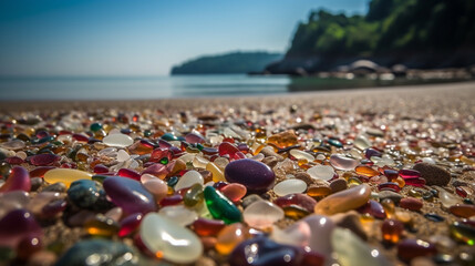 Red transparent stones on the beach. Generative AI