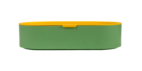 Green lunch box. Plastic stylish lunchbox container with yellow cover isolated on white