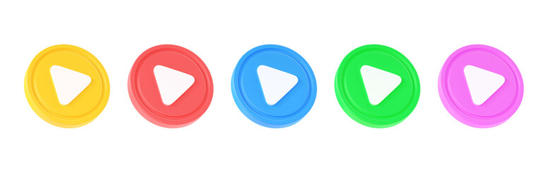 Play button 3d render icon set - video or music circle with arrow, round sound sign for tv and camera