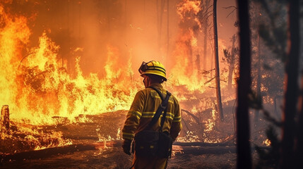 Naklejka premium Fireman in a hot forest. Generative AI