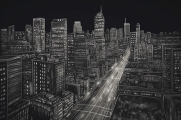 Chalkboard texture with realistic 3D chalk art drawing of a city skyline at night, generative ai
