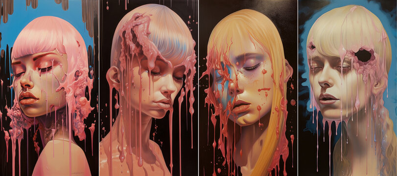 A provocative and erotic interpretation of the classic doll, embodying the anime aesthetic popularized in the 1980s, rendered using intricate oil painting on cardboard to create a surreal effect.