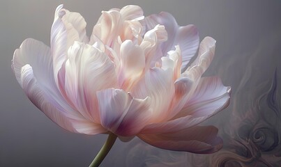  a large pink flower with white petals on a gray background with a blurry image of a bird in the background and a dark background.  generative ai