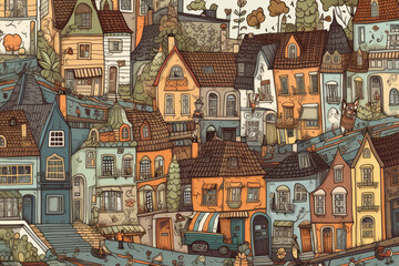 Charming wallpaper design featuring a whimsical cityscape of colorful houses, winding streets, and quirky shops with anthropomorphic animals as residents, generative ai