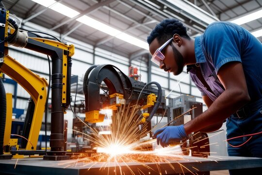 African american mechanical worker or engineer working for maintenance or repairing robotic welding machine in factory. Maintenance and repairing work in modern industry concept. Generative AI