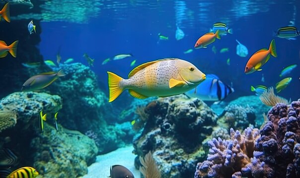  a large group of fish swimming around a coral in a large aquarium with blue water and corals on the bottom and bottom of the water.  generative ai
