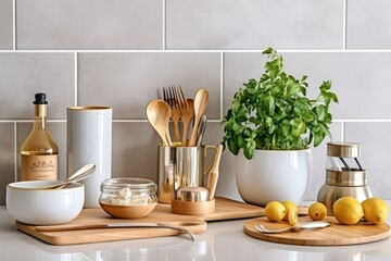 Fototapeta na wymiar stock photo of Modern kitchen countertop with domestic view Photography AI Generated