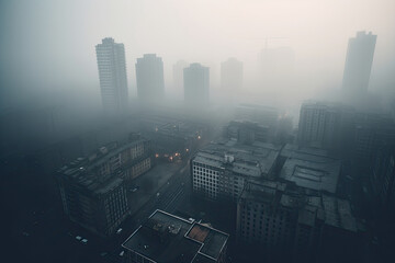 City skyline obscured by a thick blanket of smoke and fog, creating an urban dystopian atmosphere, generative ai