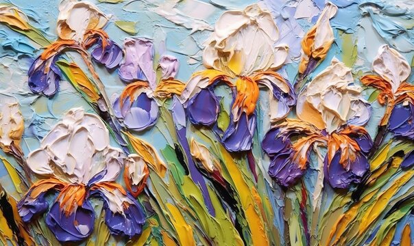  a painting of purple and yellow flowers on a blue background with white and yellow paint streaks on the petals of the flowers and the petals.  generative ai