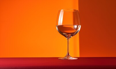  a glass of wine sitting on top of a red counter top next to an orange wall with a shadow of a glass on the table.  generative ai