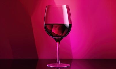  a glass of wine on a table with a pink background and a red wall in the backround of the glass is half empty.  generative ai