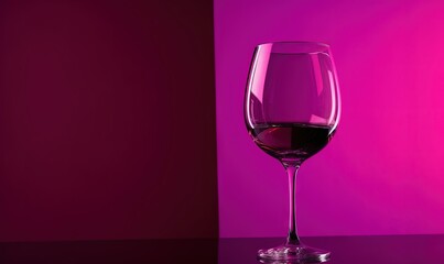  a glass of wine sitting on a table in front of a pink wall and a purple wall in the background with a pink light behind it.  generative ai