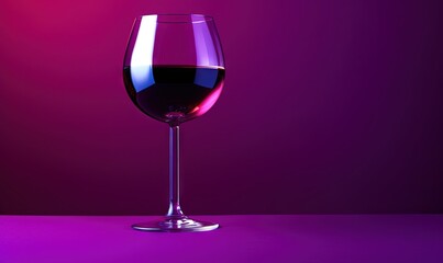  a glass of red wine on a purple table top with a purple background and a red wine glass in the foreground with a red wine in the middle.  generative ai