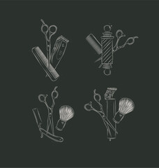 Barbershop symbol compositions collection with clipper, trimmer, blade, shaving brush, scissors, comb, straight razor, barber pole drawing on black background