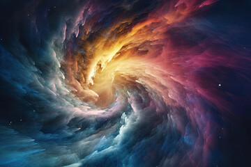 close-up of a colorful nebula with a swirling vortex of cosmic gas and dust, illuminated by a bright star, generative ai
