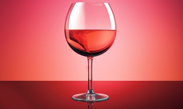  a glass of red wine on a red and pink background with a reflection of the wine being poured in it's stem and the glass.  generative ai