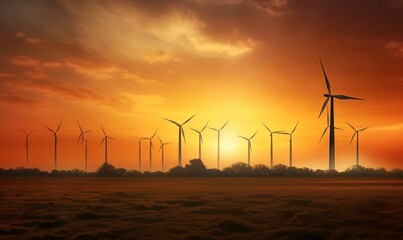  a field of wind turbines with the sun setting in the background and a red sky in the foreground with clouds in the foreground.  generative ai