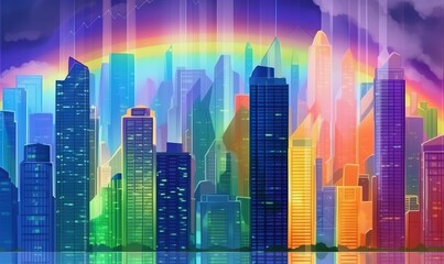  a city with a rainbow colored sky and a rainbow colored rainbow in the sky and a rainbow in the clouds and a rainbow in the sky.  generative ai