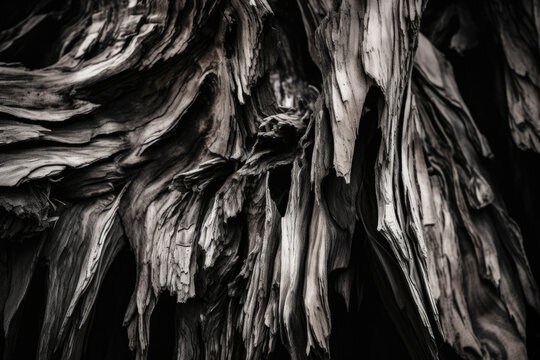 Close-up of jagged and rugged splintered wood texture in monochrome, generative ai