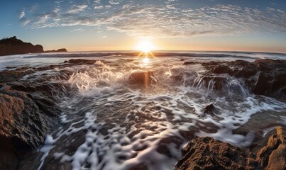  the sun is setting over the ocean with waves crashing on the rocks and the rocks are covered in foamy water and foamy waves.  generative ai
