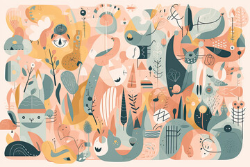 collection of playful doodles and shapes in pastel colors, creating a cheerful and inviting background, generative ai