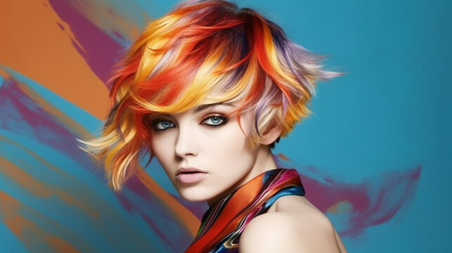 An asymmetrical bob with vibrant, unconventional colors, expressing artistic flair Generative AI