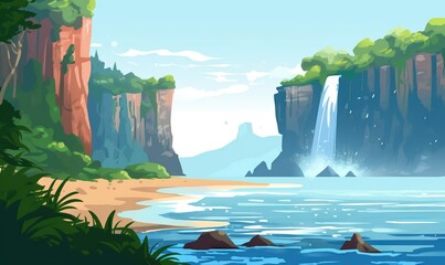  a painting of a waterfall in the middle of a river with a beach below it and a forest below it, with a blue sky and green foliage below.  generative ai
