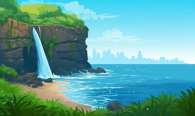  a waterfall in the middle of the ocean with a city in the background and a lush green forest on the side of the cliff is a cliff.  generative ai