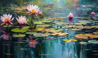  a painting of water lillies and lily pads in a pond of water with green leaves on the surface of the water and a blue sky.  generative ai