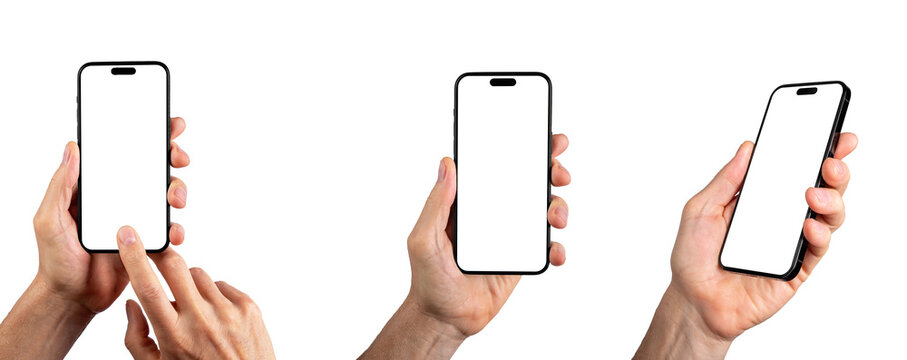 Berlin, Germany June 01 2023 Hands holding mobile phone screen mock-ups, blank iphone 14 pro smartphone mockups set, isolated on white