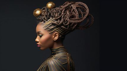 An artistic and intricate updo hairstyle with twists, braids, and hidden details Generative AI