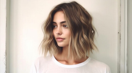 A chic and modern lob (long bob) styled with tousled waves and subtle highlights Generative AI - obrazy, fototapety, plakaty