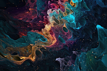 Colorful liquid metal swirls and patterns against a dark background, resembling the aurora borealis in space, generative ai