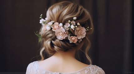 A romantic and ethereal low bun adorned with delicate flowers and soft tendrils Generative AI