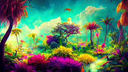 Colorful animals and fantastic plants of a dreamy land - generative ai