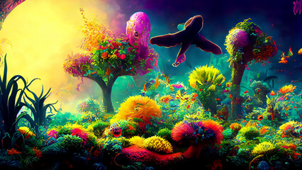 Colorful animals and fantastic plants of a dreamy land - generative ai