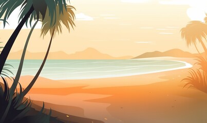  a painting of a tropical beach with palm trees and a sunset in the background with the ocean in the foreground and mountains in the distance.  generative ai