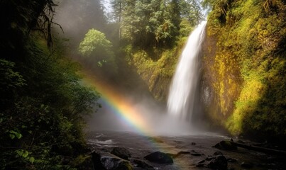  a waterfall with a rainbow in the middle of the water and trees around it and a rainbow in the middle of the water and a rainbow in the middle of the water.  generative ai