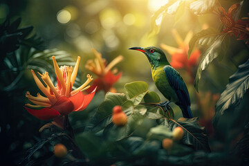Colored tropical bird and beautiful surreal flowers. Generative AI