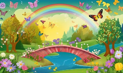  a painting of a bridge over a river with a rainbow in the sky and butterflies flying above it, and a rainbow in the sky.  generative ai