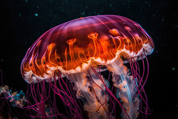 Jellyfishes swimming in the sea. Beautiful illuminated jellyfish. Generative AI